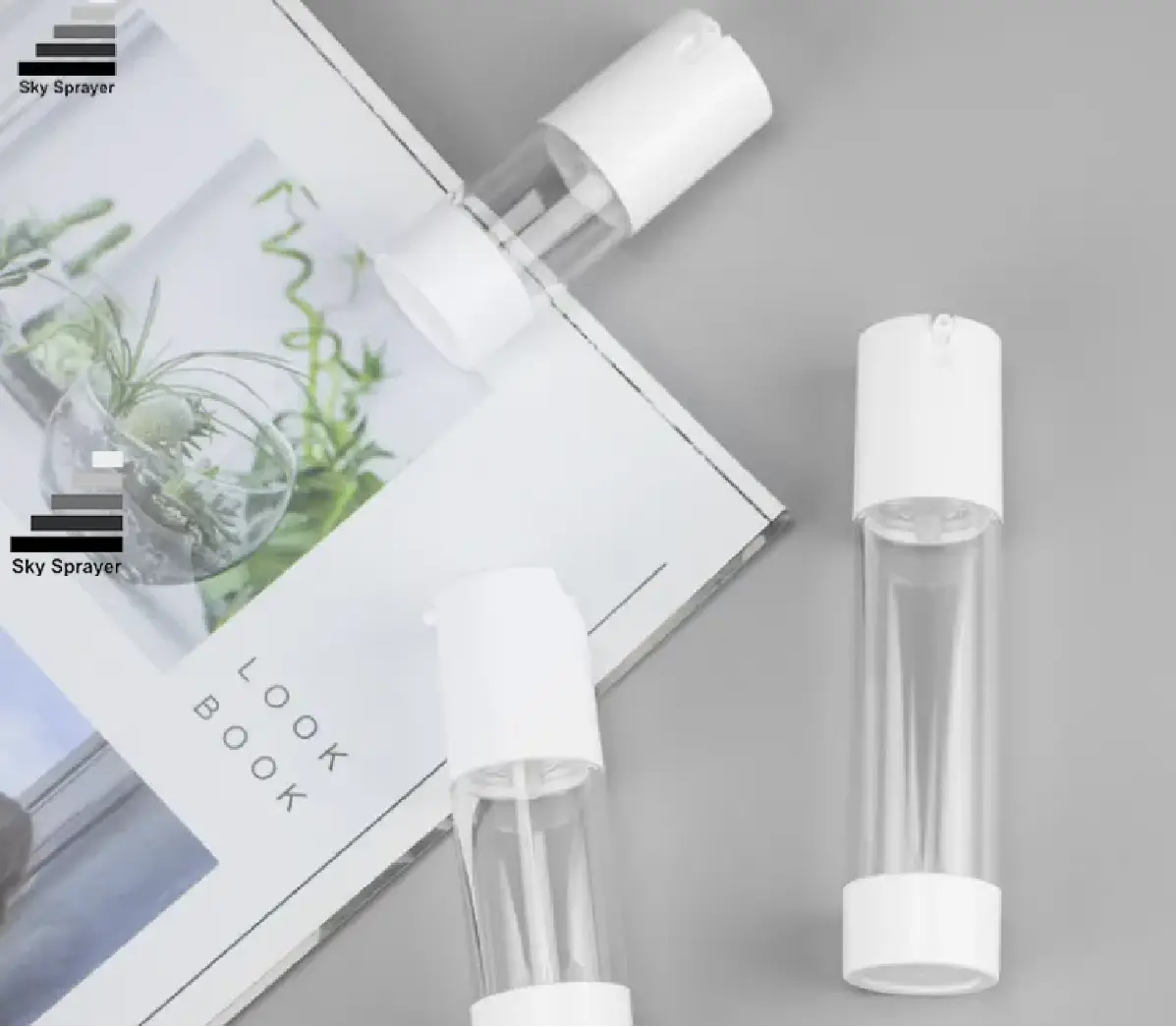 50ml Clear Plastic Airless Bottle with Silver Over Cap & Pump 1