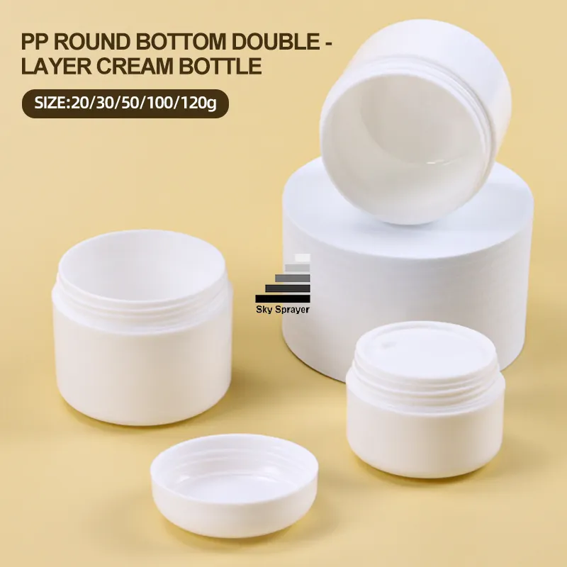 White PP Cream Jar available in sizes 20g-120g for cosmetics. Double-layer packaging, customizable specs. Gold cosmetic jar. 1