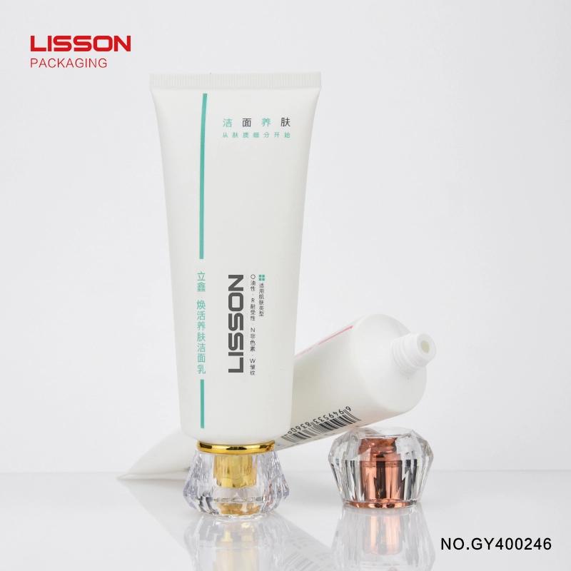 아크릴 다이아몬드 캡이 달린 120ml 원형 튜브, 세안제용 흰색 화장품 튜브 1