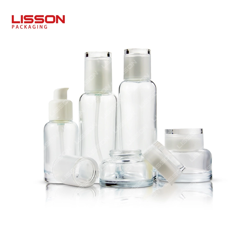 Wholesale pump glass cosmetic bottle and skin care cream jar set packaging 1