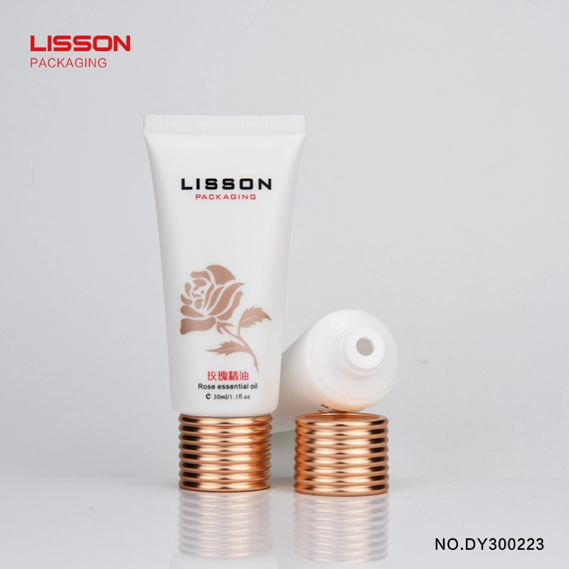 Tubo cosmético de plástico redondo de 30 ml con tapón de rosca de aluminio electrificado. 1