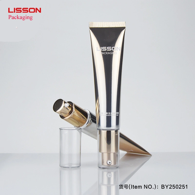 Tubos cosméticos de aluminio con bomba al por mayor, diseño de color dorado D25 1