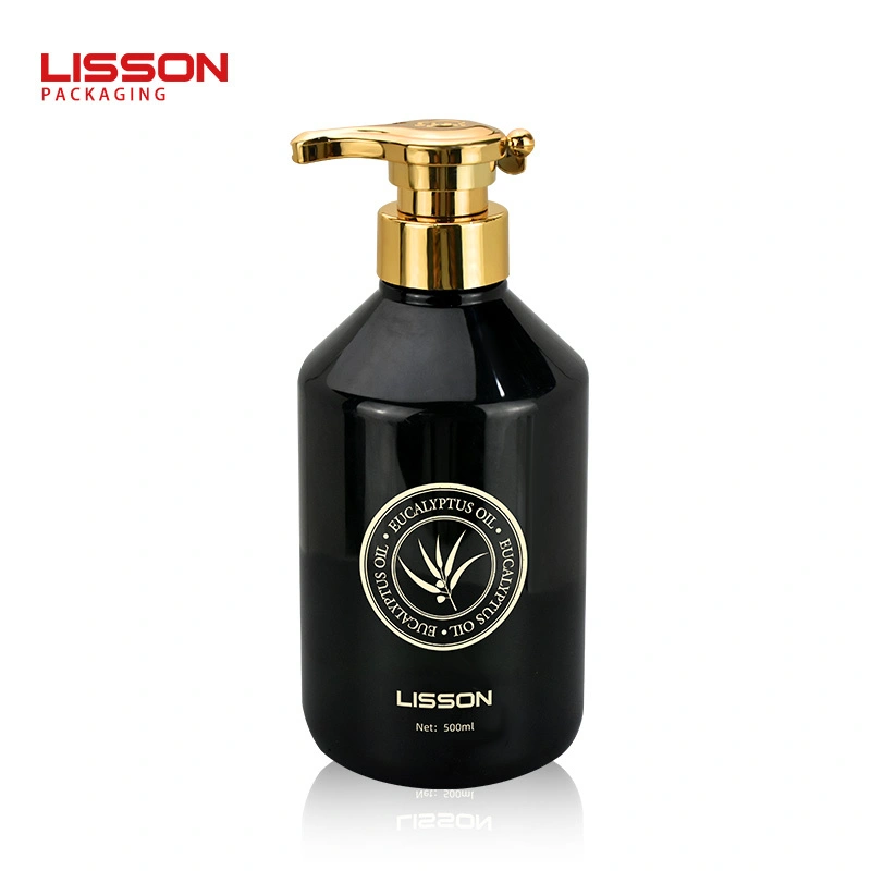 금속 커버 펌프 스프레이 헤드가 있는 500ml 검정색 바디로션 PET 스퀴즈 병 1