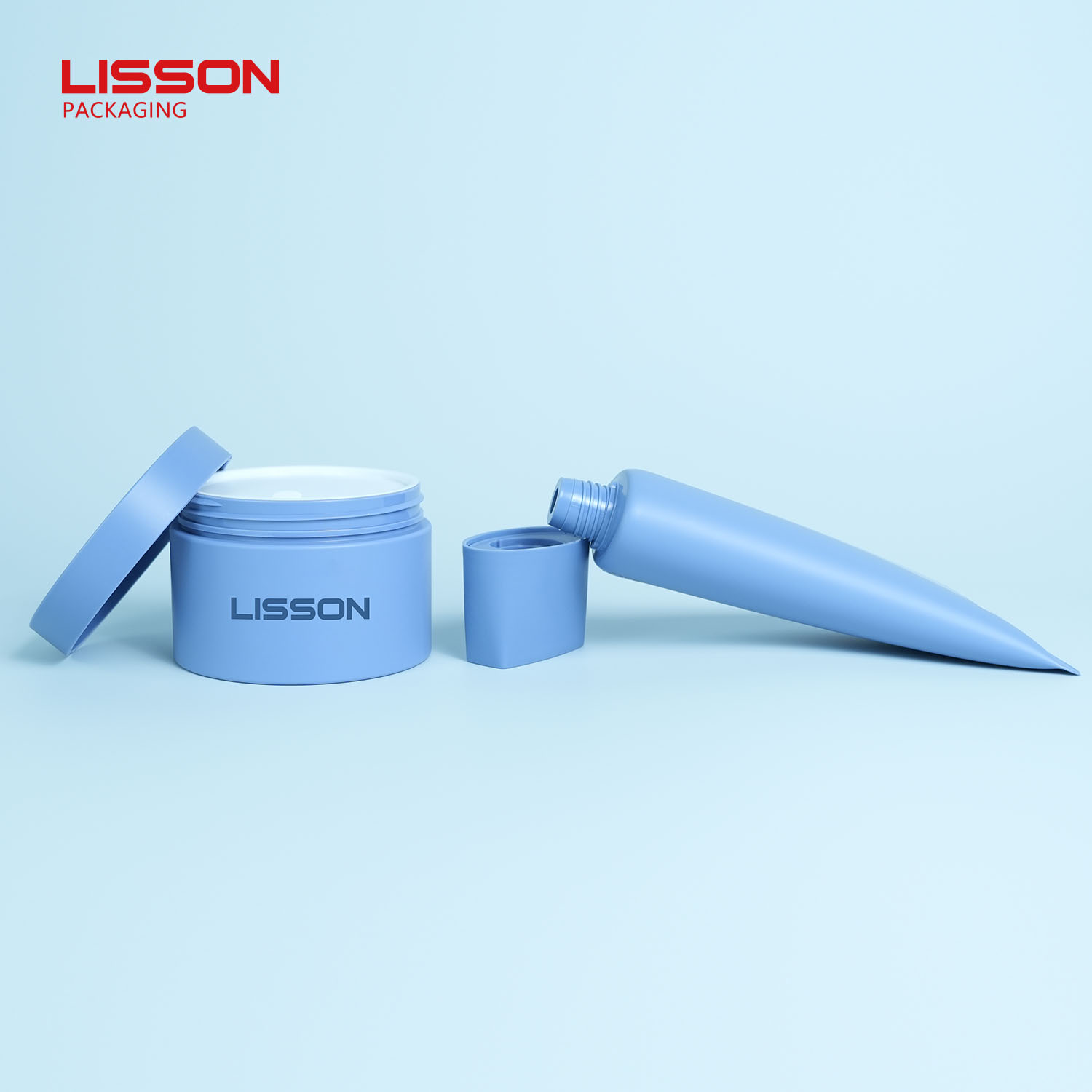 Set de tubo y tarro de plástico azul cerúleo monocromático para cosméticos 4
