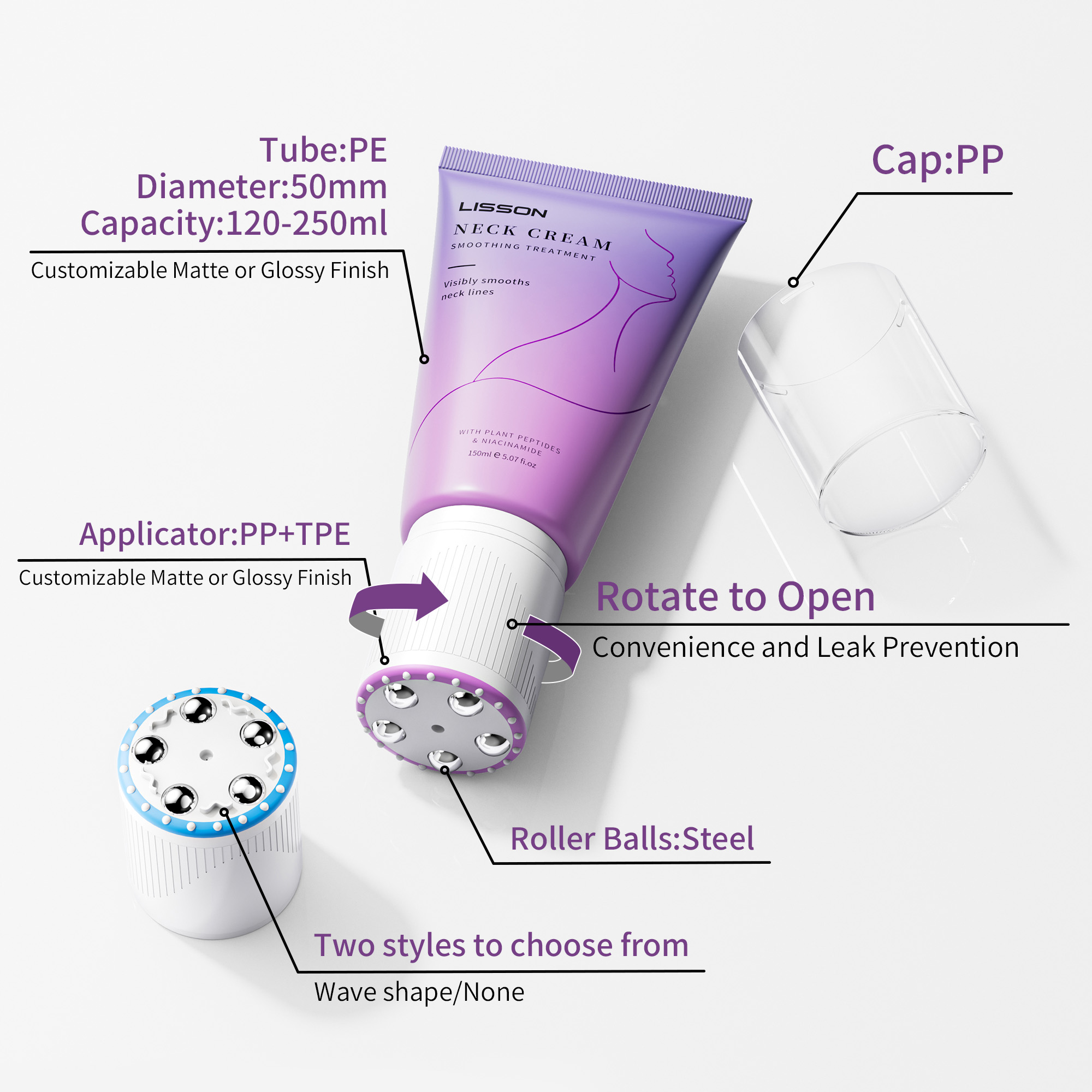 Custom 50mm PE Tube with Steel Roller Balls | 120-250ml Neck Cream Applicator | PP + TPE Leak-Proof Cap 2