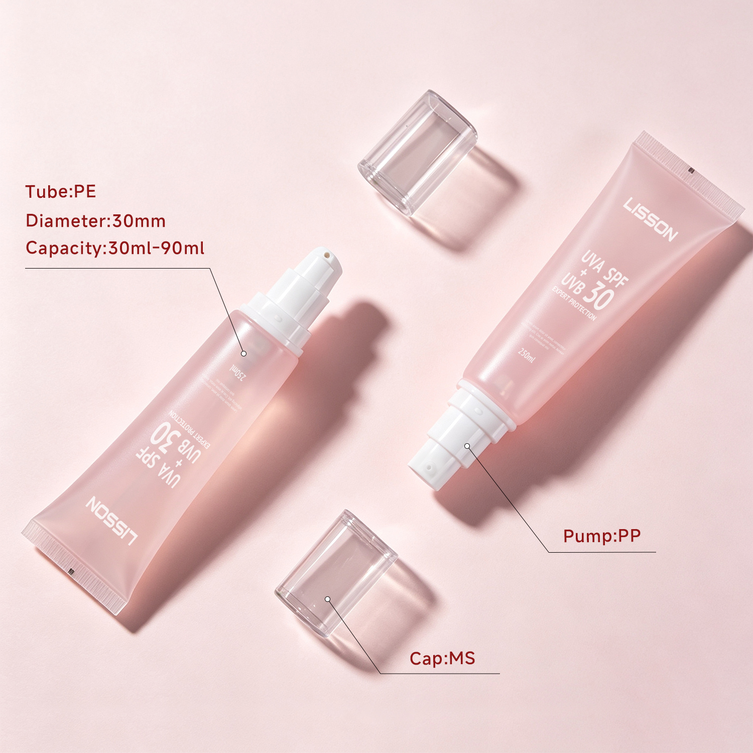 D30 UV Sunscreen Squeeze Tube | 30-90ml PE Tube with PP Pump & MS Cap 3