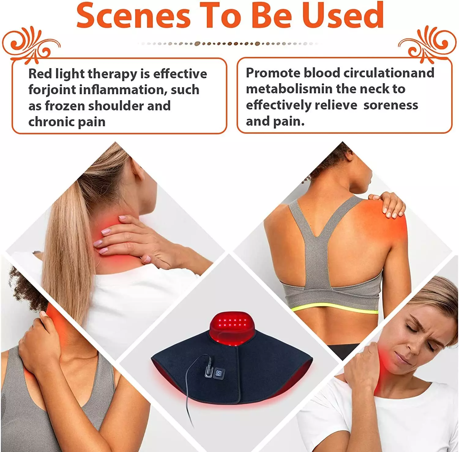 गर्दन और कंधे के दर्द से राहत के लिए UTK रेड लाइट थेरेपी, 4 इन 1 अपग्रेडेड एलईडी लाइट्स, 3 * 660nm+1 * 850nm लाल और गर्दन, कंधों और ऊपरी पीठ के लिए इन्फ्रारेड थेरेपी सूजन को खत्म करने के लिए 6