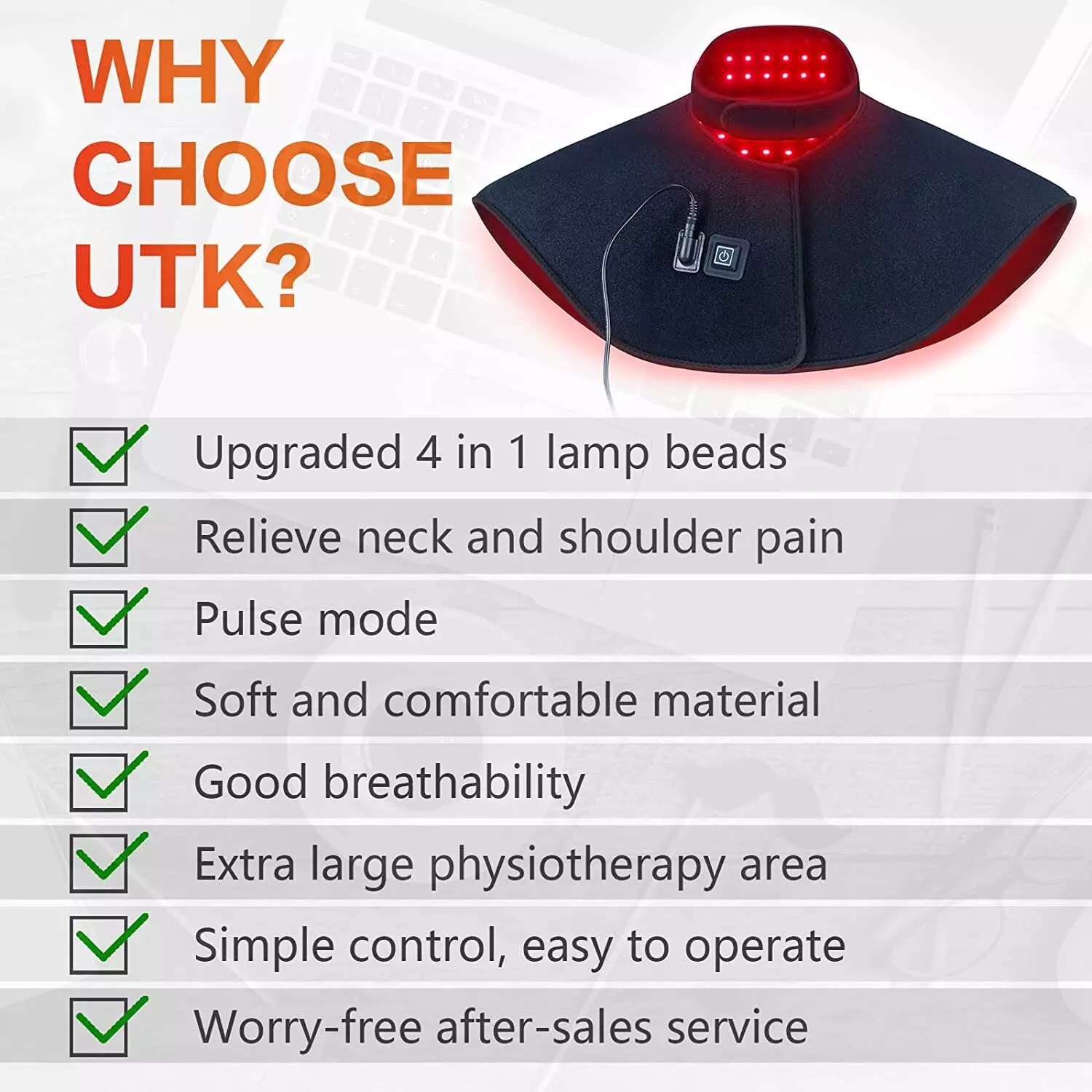 Thérapie par la lumière rouge UTK pour le soulagement de la douleur au cou et aux épaules, lumières LED améliorées 4 en 1, 3 x 660 nm et 1 x 850 nm Thérapie infrarouge proche et rouge pour le cou, les épaules et le haut du dos pour éliminer l'inflammation 5