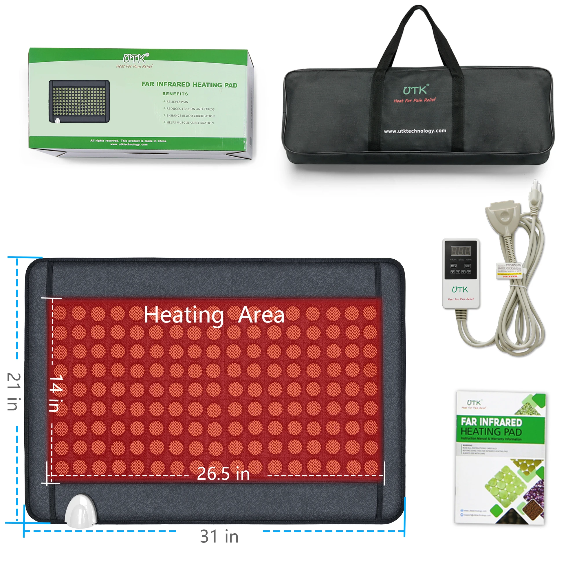 UTK Upgrade Jade Far Infrared Heating Pad for Back Pain Relief, Infrared Hot Therapy - Medium [21x31], 153 Jade Stones, Adjustable Temp, Auto Off and Travel Bag 5