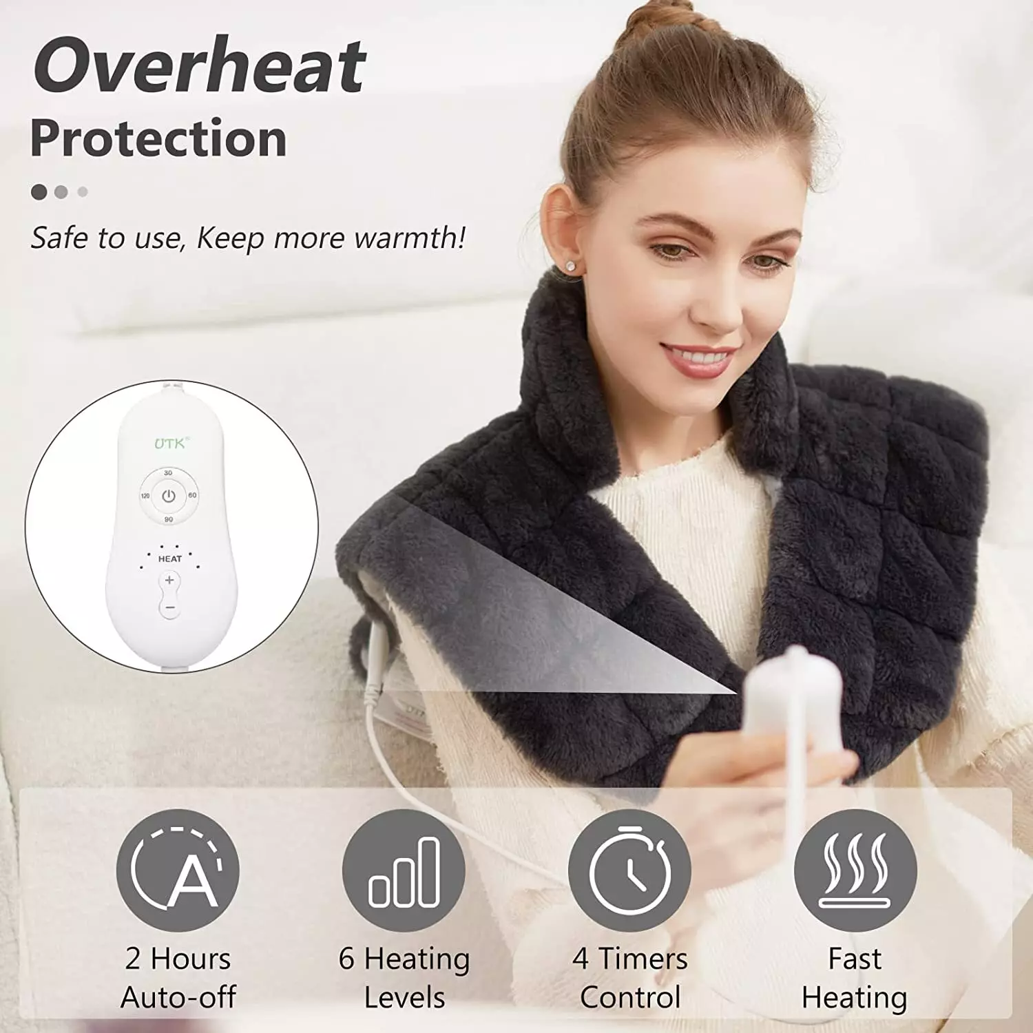 Weighted Heating Pad for Neck and Shoulders, UTK 24x 20 Extra Large Heated Neck Shoulder Wrap, Electric Neck and Shoulder Heat Pad with Auto Shut Off, 6 Heat Settings,Tourmaline Beads 4