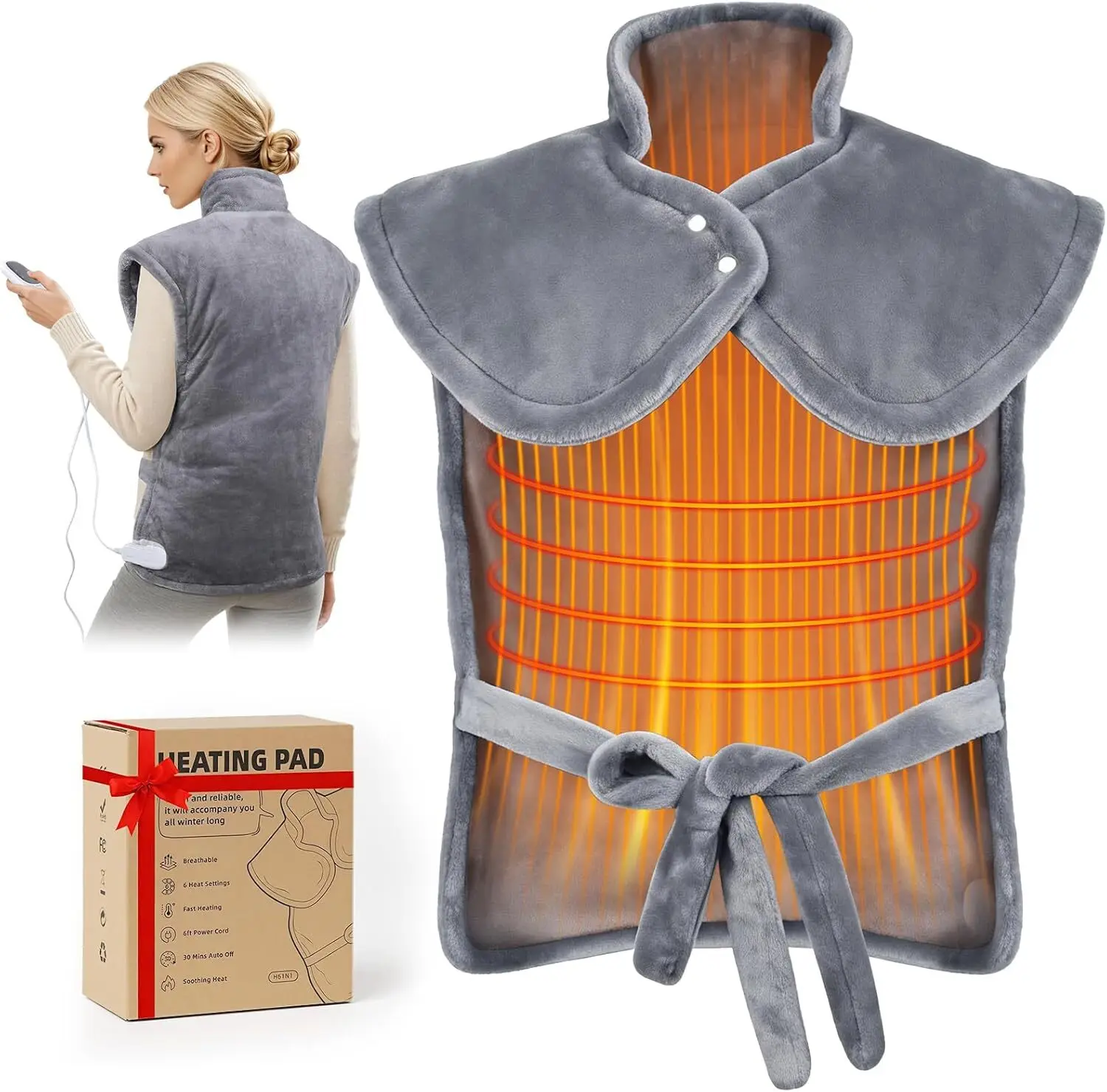 Almohadilla calefactora eléctrica grande UTK de 29 x 38 pulgadas para cuello, hombros y espalda completa, 6 niveles de calor, temporizador de 4 horas, apagado automático. 1