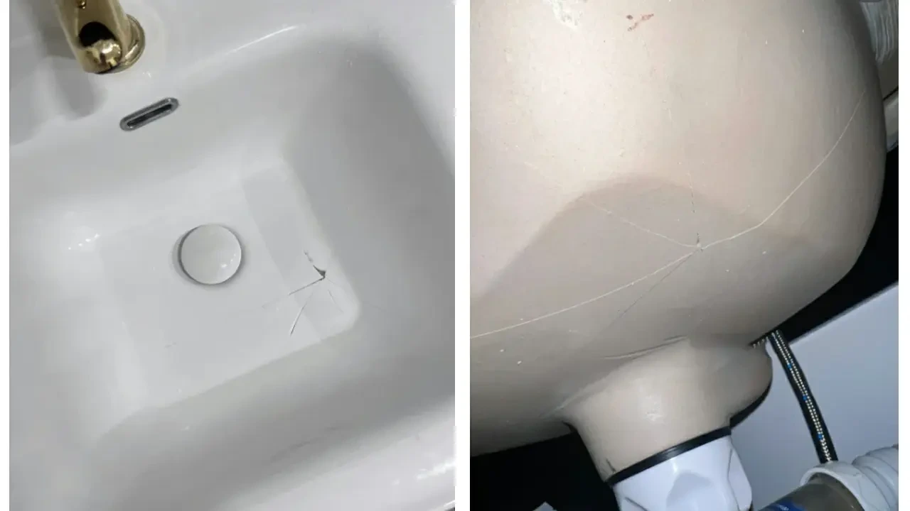 close up of hairline crack vs structural crack in ceramic sink