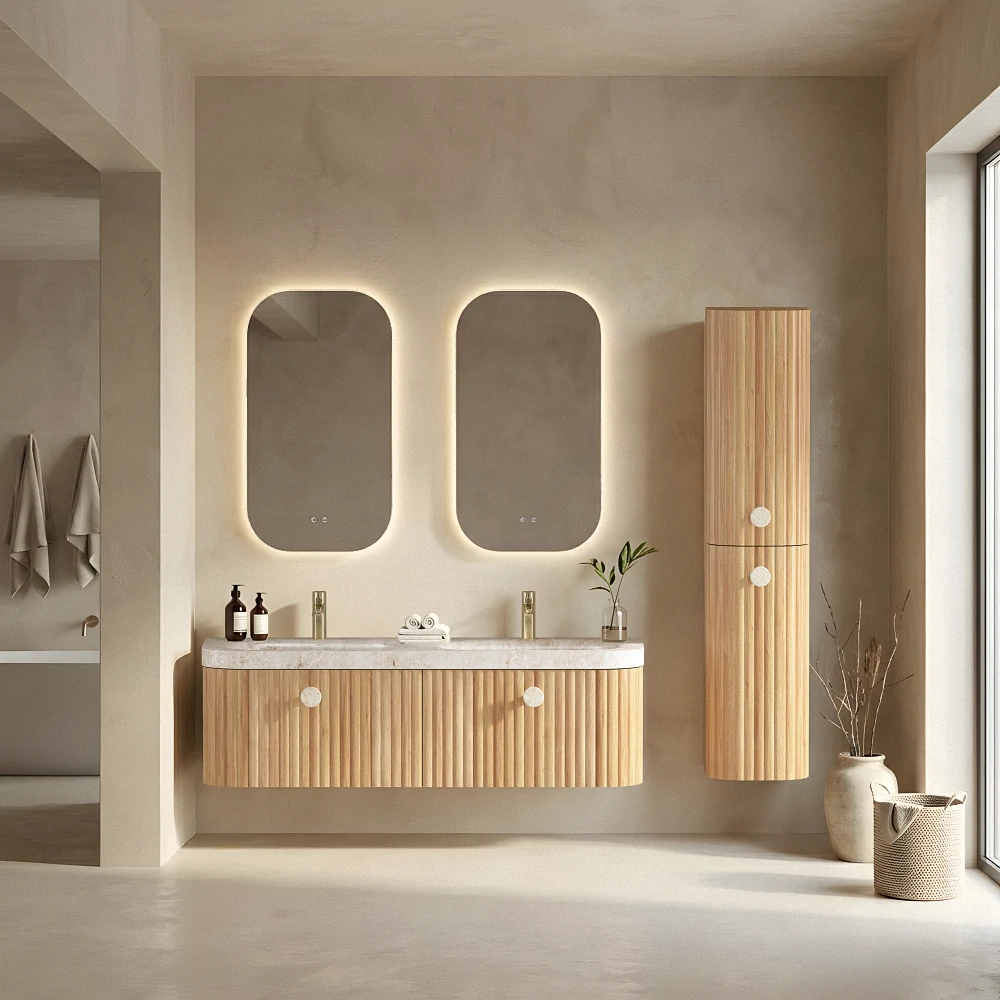 Meuble-lavabo de salle de bain SHKL en contreplaqué et bois massif avec motif cannelé 1