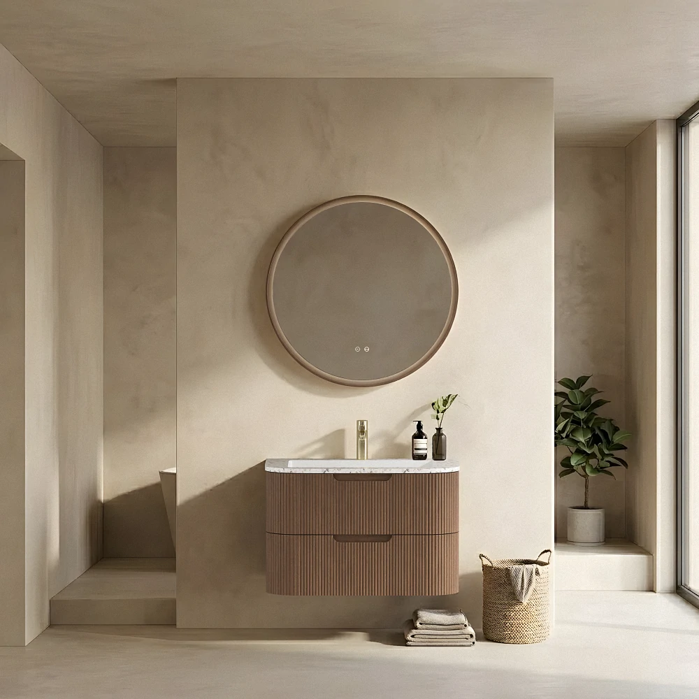 Meuble-lavabo mural SHKL Classic à cannelures avec vasque intégrée en céramique blanche brillante 1