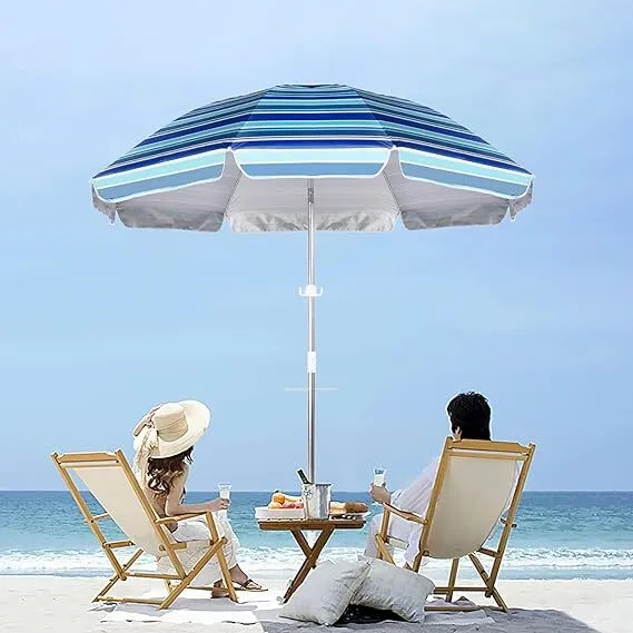 Frisk blåstribet strandparasol med lille pind 1