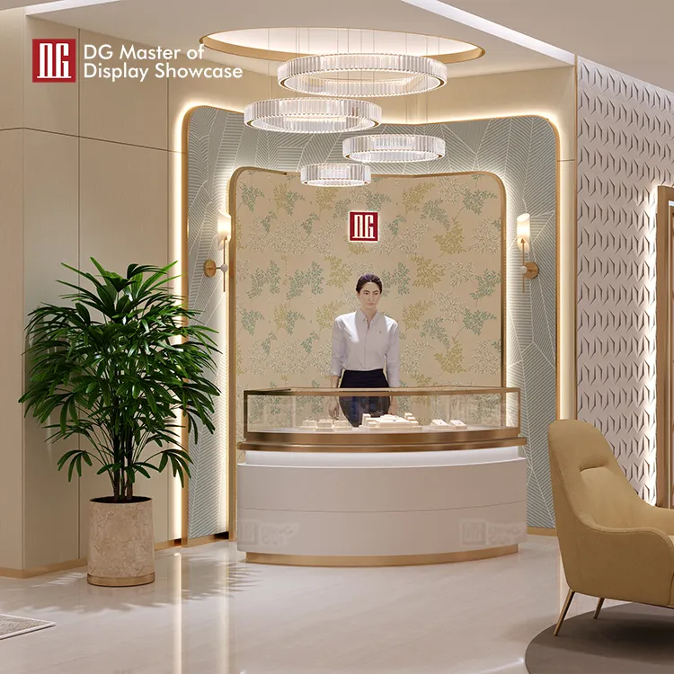 Curved Jewelry Display Showcase: Elegant White & Gold 5