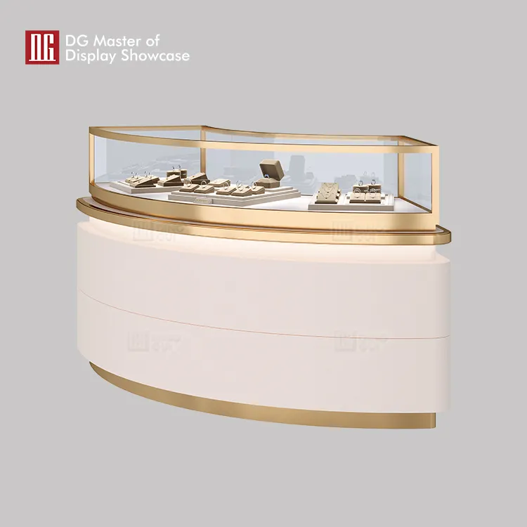 Curved Jewelry Display Showcase: Elegant White & Gold 3