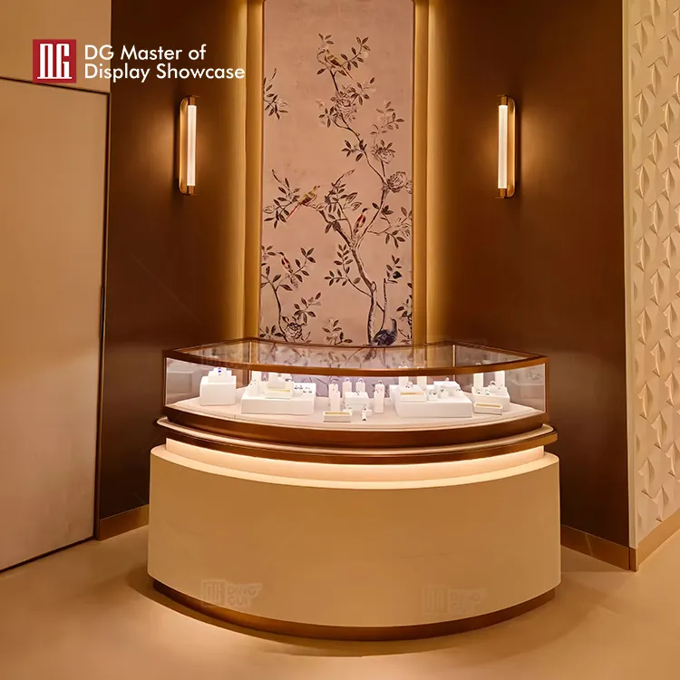 Curved Jewelry Display Showcase: Elegant White & Gold 4