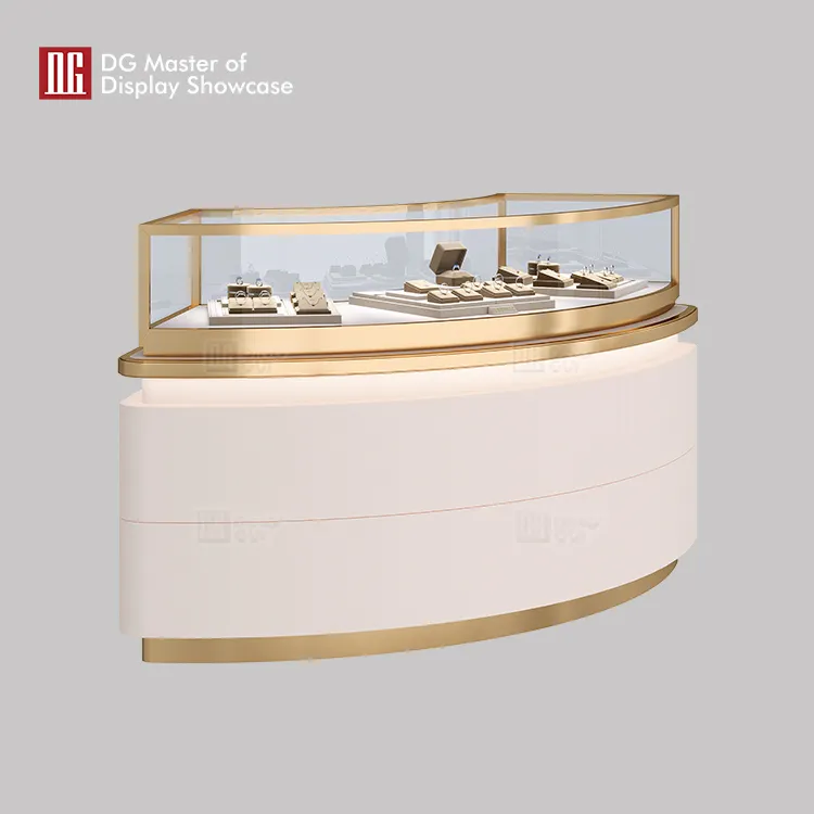 Curved Jewelry Display Showcase: Elegant White & Gold 2