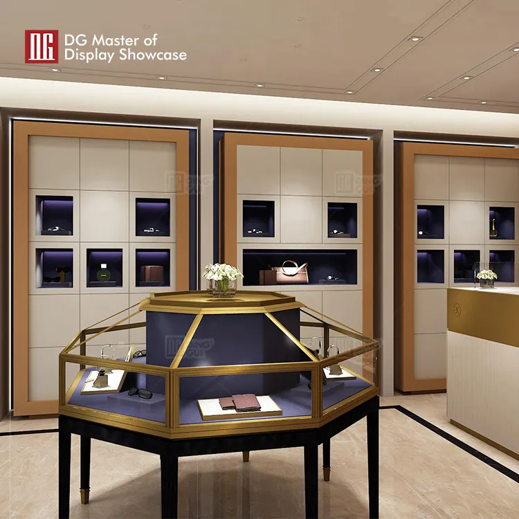 DG Octagonal Island Display Showcase: Luxurious, Evenly Lit, Velvet Interior, Stainless Steel Body, Brass Exterior, Embedded LED Strips. 3