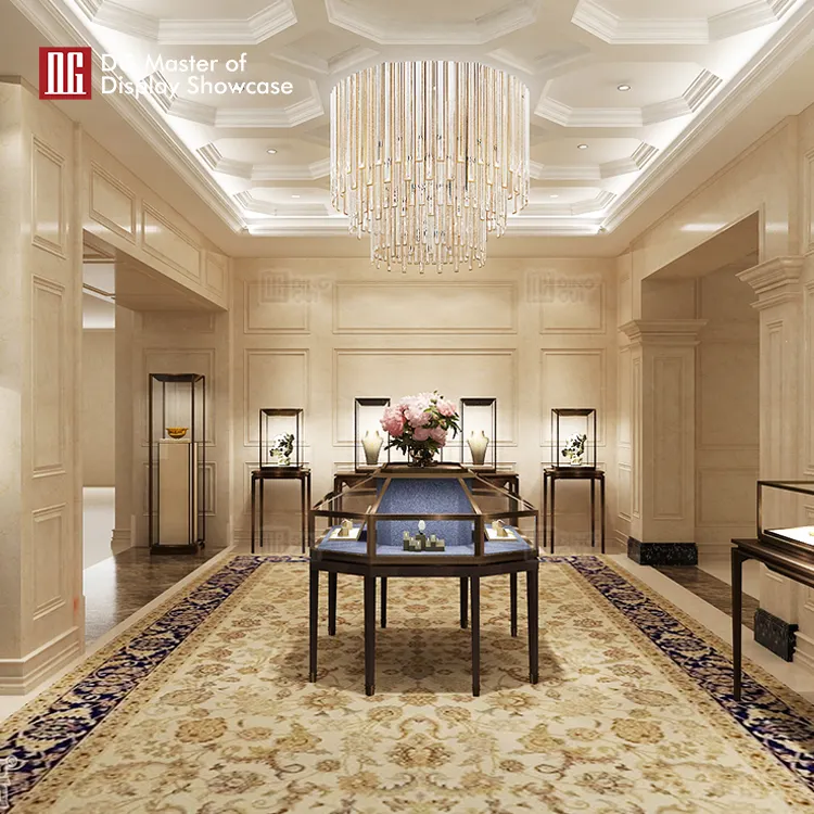 DG Octagonal Island Display Showcase: Luxurious, Evenly Lit, Velvet Interior, Stainless Steel Body, Brass Exterior, Embedded LED Strips. 5