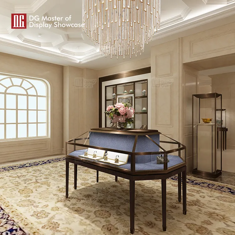 DG Octagonal Island Display Showcase: Luxurious, Evenly Lit, Velvet Interior, Stainless Steel Body, Brass Exterior, Embedded LED Strips. 4