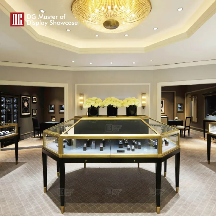 DG Octagonal Island Display Showcase: Luxurious, Evenly Lit, Velvet Interior, Stainless Steel Body, Brass Exterior, Embedded LED Strips. 2