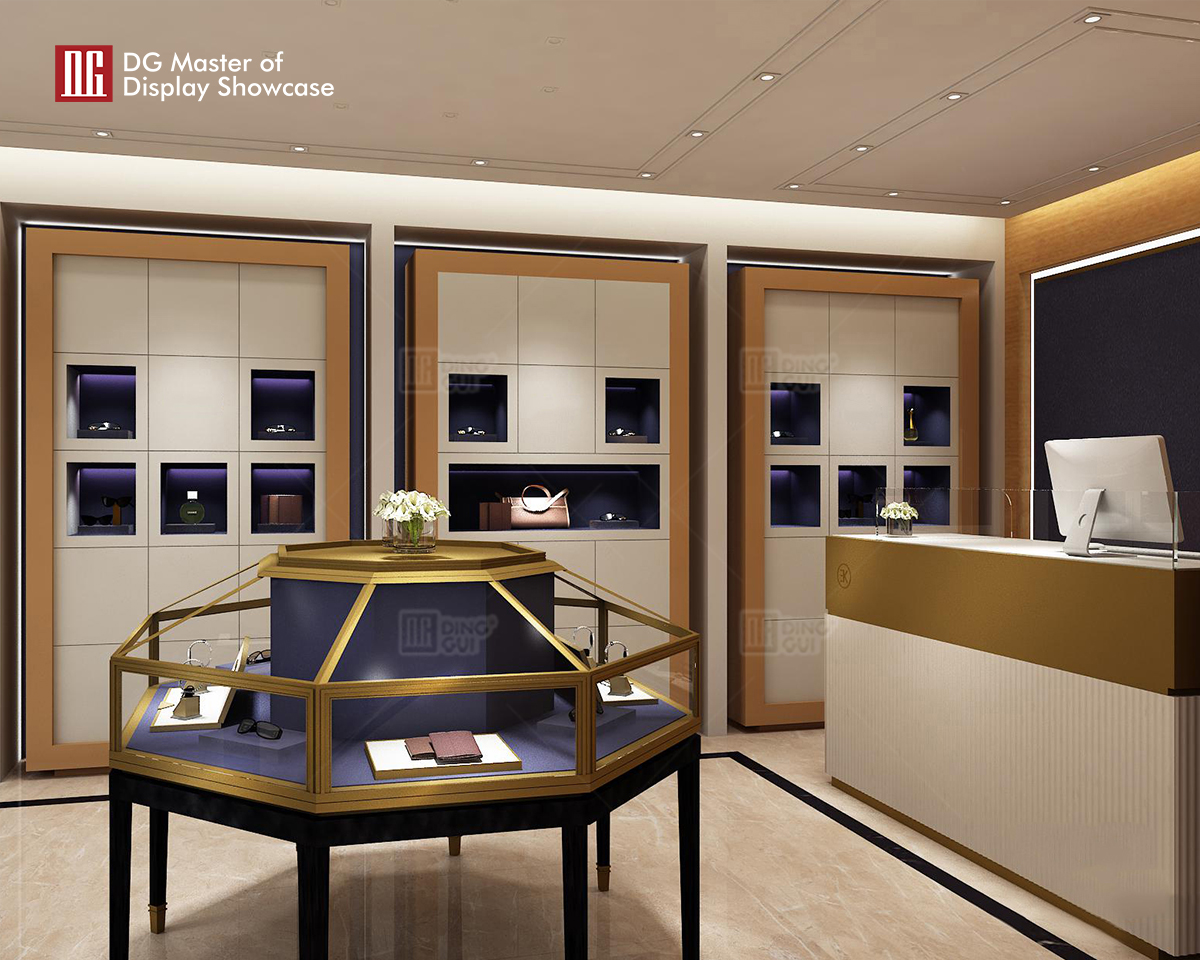 DG Showcase သီးသန့် လက်ဝတ်ရတနာနာရီ Display Showcase ဒီဇိုင်းဆိုင် Cabinet အလှဆင်ခြင်း။ 8