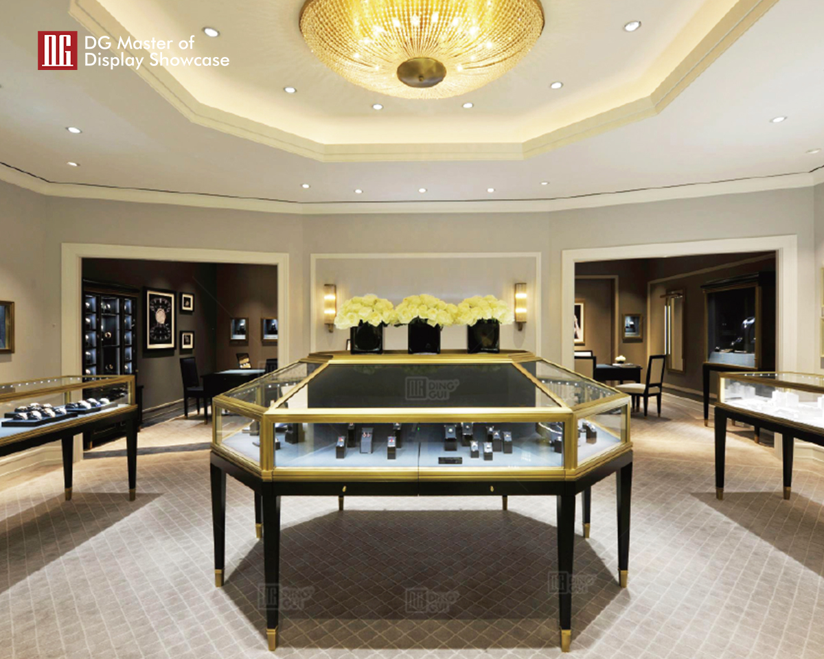 DG Showcase သီးသန့် လက်ဝတ်ရတနာနာရီ Display Showcase ဒီဇိုင်းဆိုင် Cabinet အလှဆင်ခြင်း။ 7