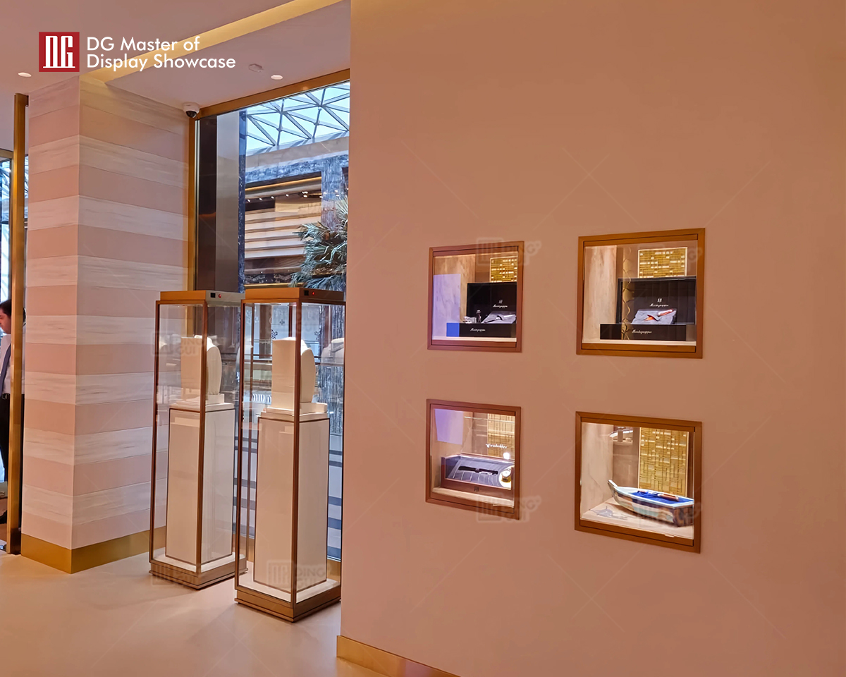 Gold Stainless Steel Jewelry & Watch Display with Locks & Lighting 9