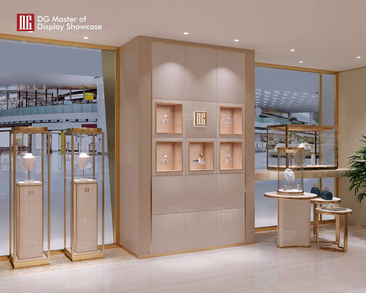 Gold Stainless Steel Jewelry & Watch Display with Locks & Lighting 10