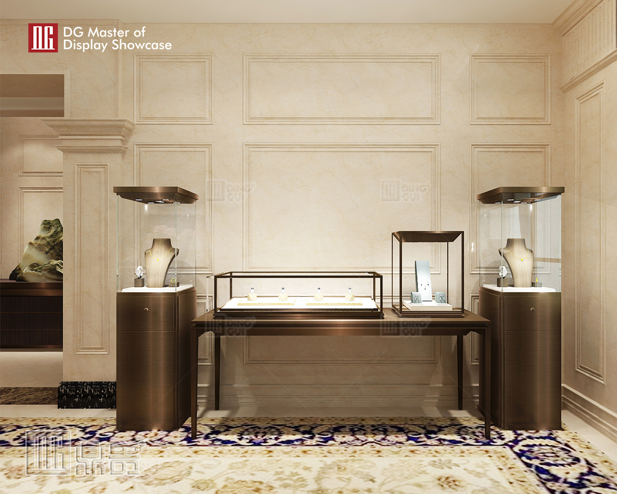 DG-montre Brugerdefineret luksusglasudstillingsmontre Butiksindretning 8