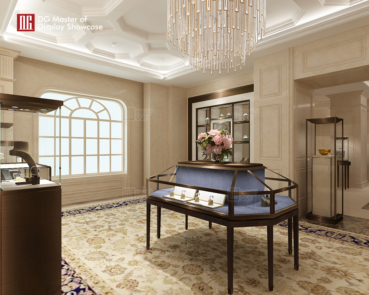 DG-montre Brugerdefineret luksusglasudstillingsmontre Butiksindretning 7