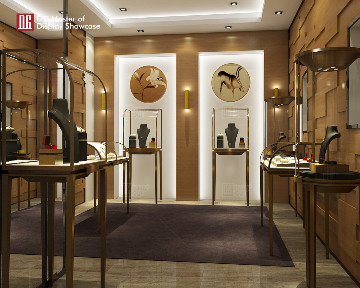 DG Showcase Luksus Klassisk Smykke-Ure Display Showcase Guld Rustfrit Stål Displayskabe 9