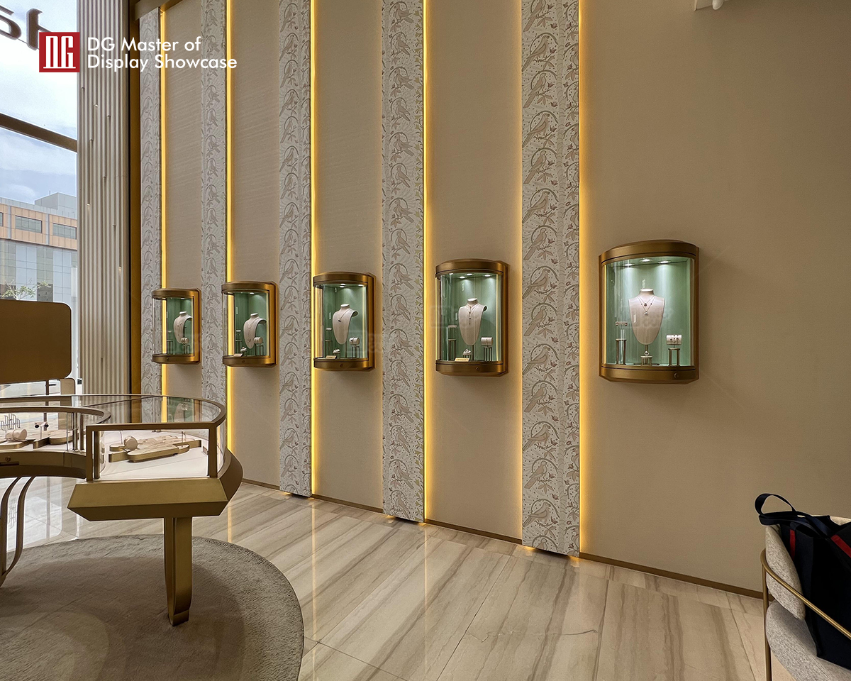 Βιτρίνα DG Υψηλής ποιότητας χρυσό βουρτσισμένο ημικύκλιο κοσμημάτων ρολογιών κρεμαστό ντουλάπι τοίχου 8