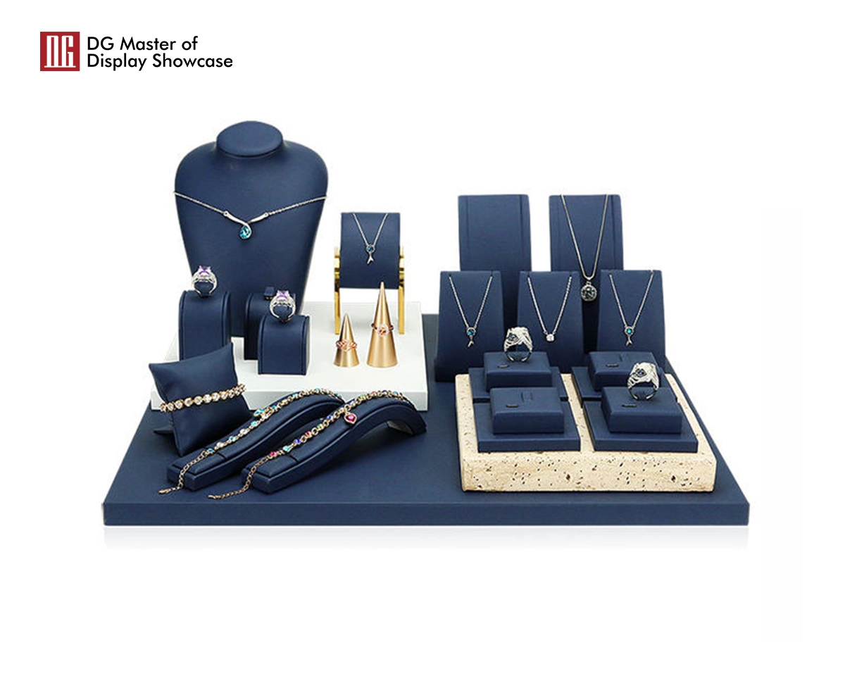 DG Showcase Smykkebutik Display Stand Blå Læderbetrukket Smykkerekvisitter til Bordmontering 1