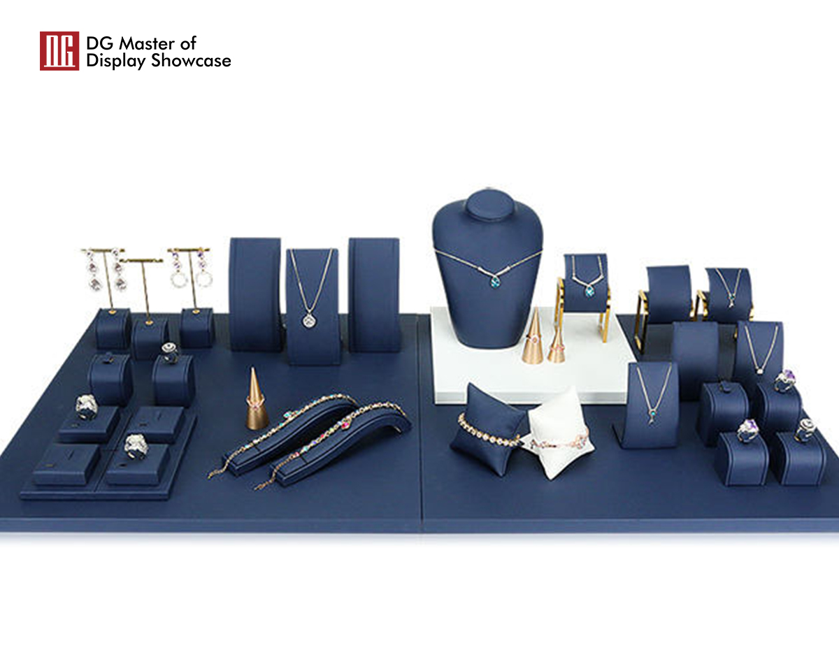 DG Showcase Smykkebutik Display Stand Blå Læderbetrukket Smykkerekvisitter til Bordmontering 8