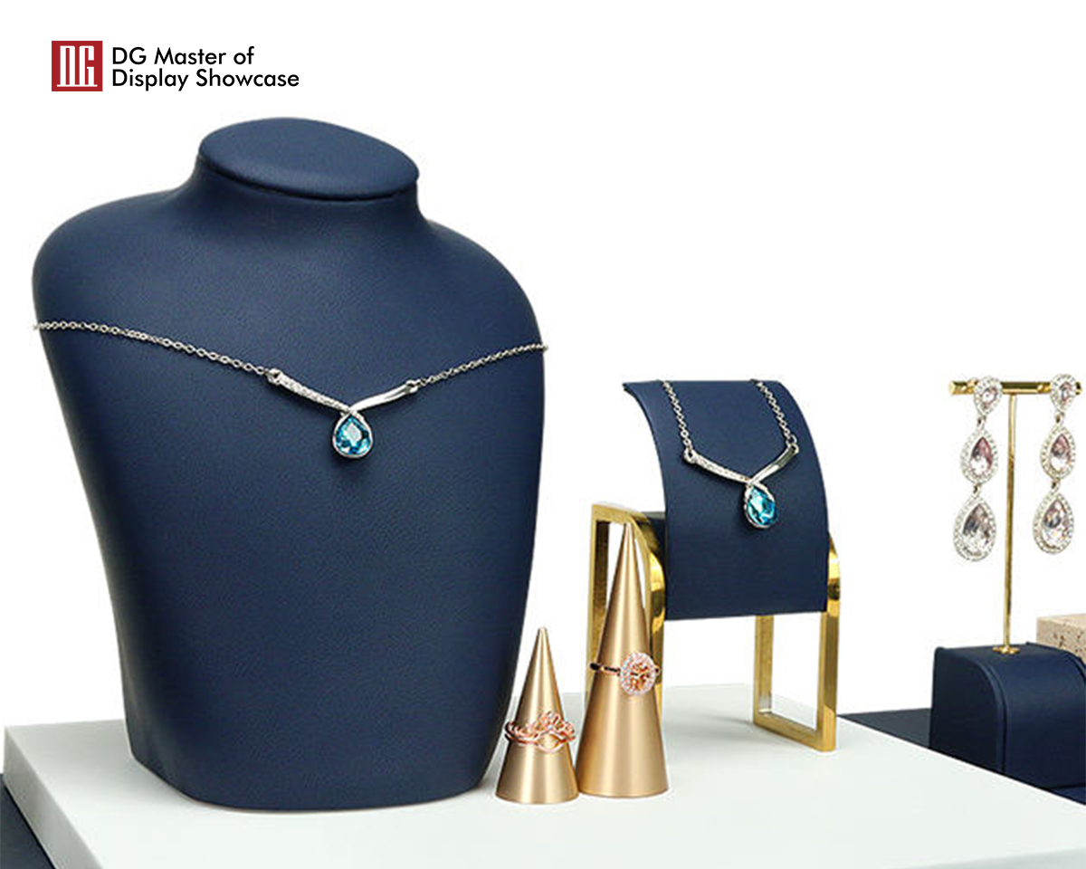 DG Showcase Smykkebutik Display Stand Blå Læderbetrukket Smykkerekvisitter til Bordmontering 10