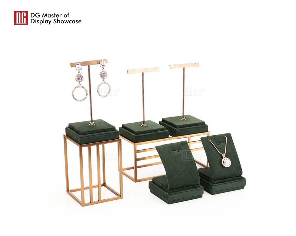 DG Showcase Luxury velvet jewelry display props wood leather packaging necklace trays stand holder set 9