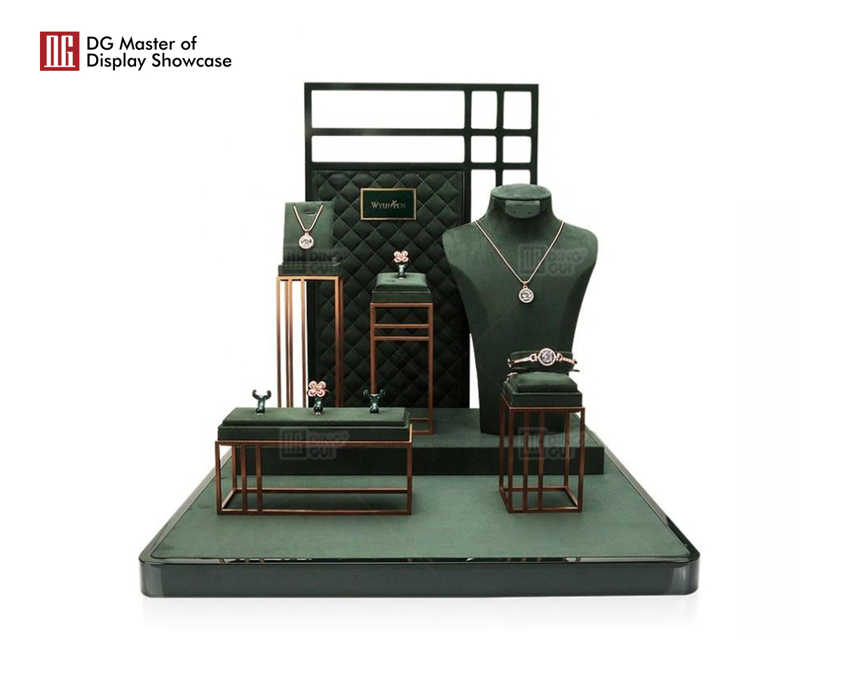 DG Showcase Luxury velvet jewelry display props wood leather packaging necklace trays stand holder set 6