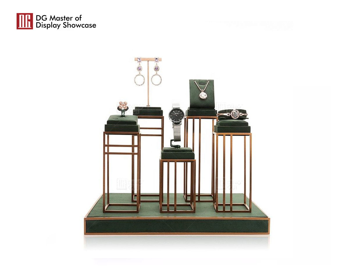 DG Showcase Luxury velvet jewelry display props wood leather packaging necklace trays stand holder set 8