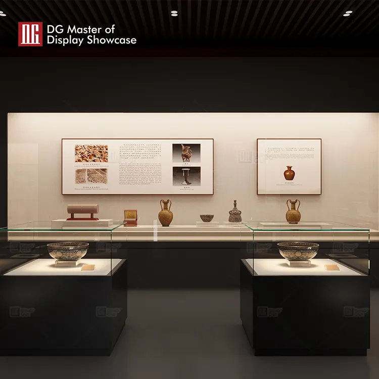 High-End Square Island Museum Showcase - Black Steel & White Glass 5