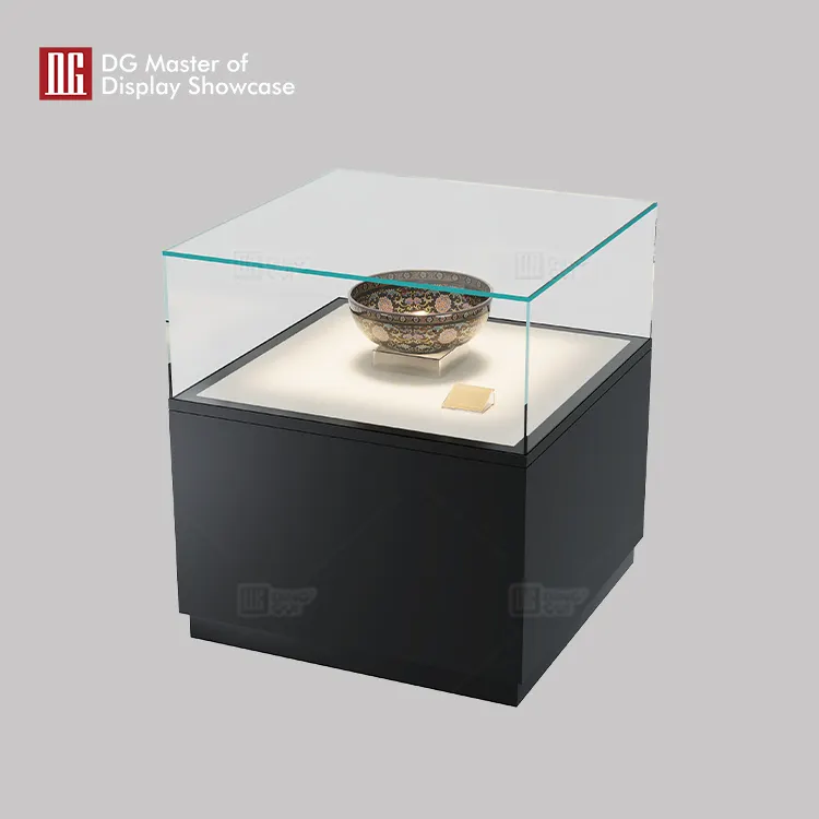 High-End Square Island Museum Showcase - Black Steel & White Glass 4