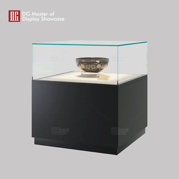 High-End Square Island Museum Showcase - Black Steel & White Glass 3