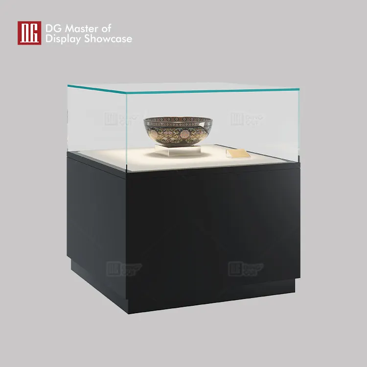 High-End Square Island Museum Showcase - Black Steel & White Glass 2