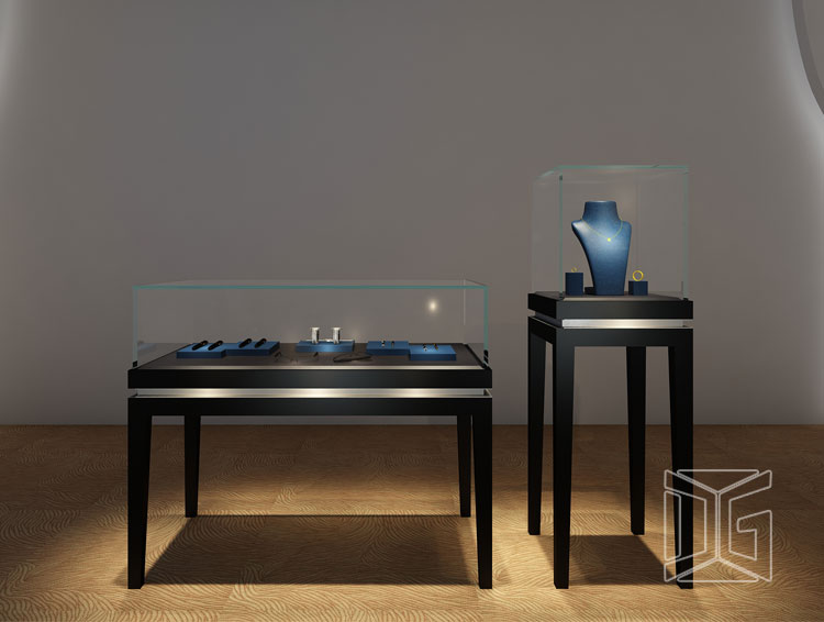  နံရံတွင်တပ်ဆင်ထားသော အနက်ရောင်အမှတ်တံဆိပ် လက်ဝတ်ရတနာပြသမှုများ 