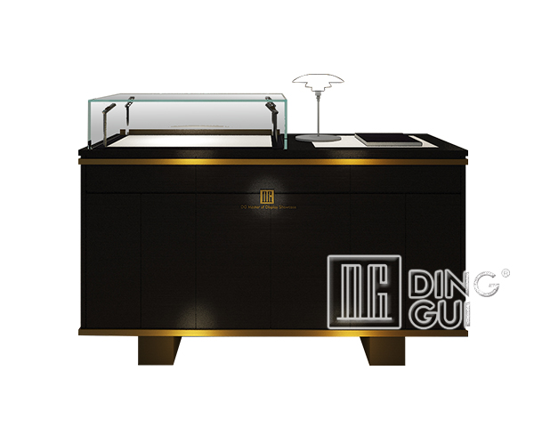  Čierna vitrína na šperky z číreho skla s možnosťou sedenia 