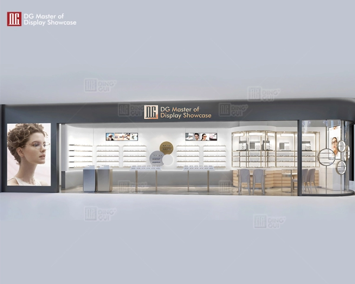 Vitrină DG Vitrină elegantă 3D pentru magazin optic, vitrină de masă, design din sticlă și oțel inoxidabil 1