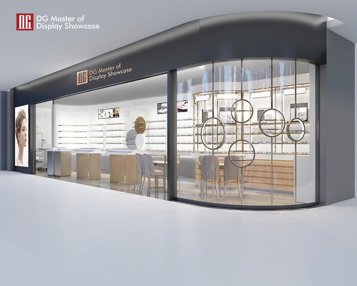 Vitrină DG Vitrină elegantă 3D pentru magazin optic, vitrină de masă, design din sticlă și oțel inoxidabil 7