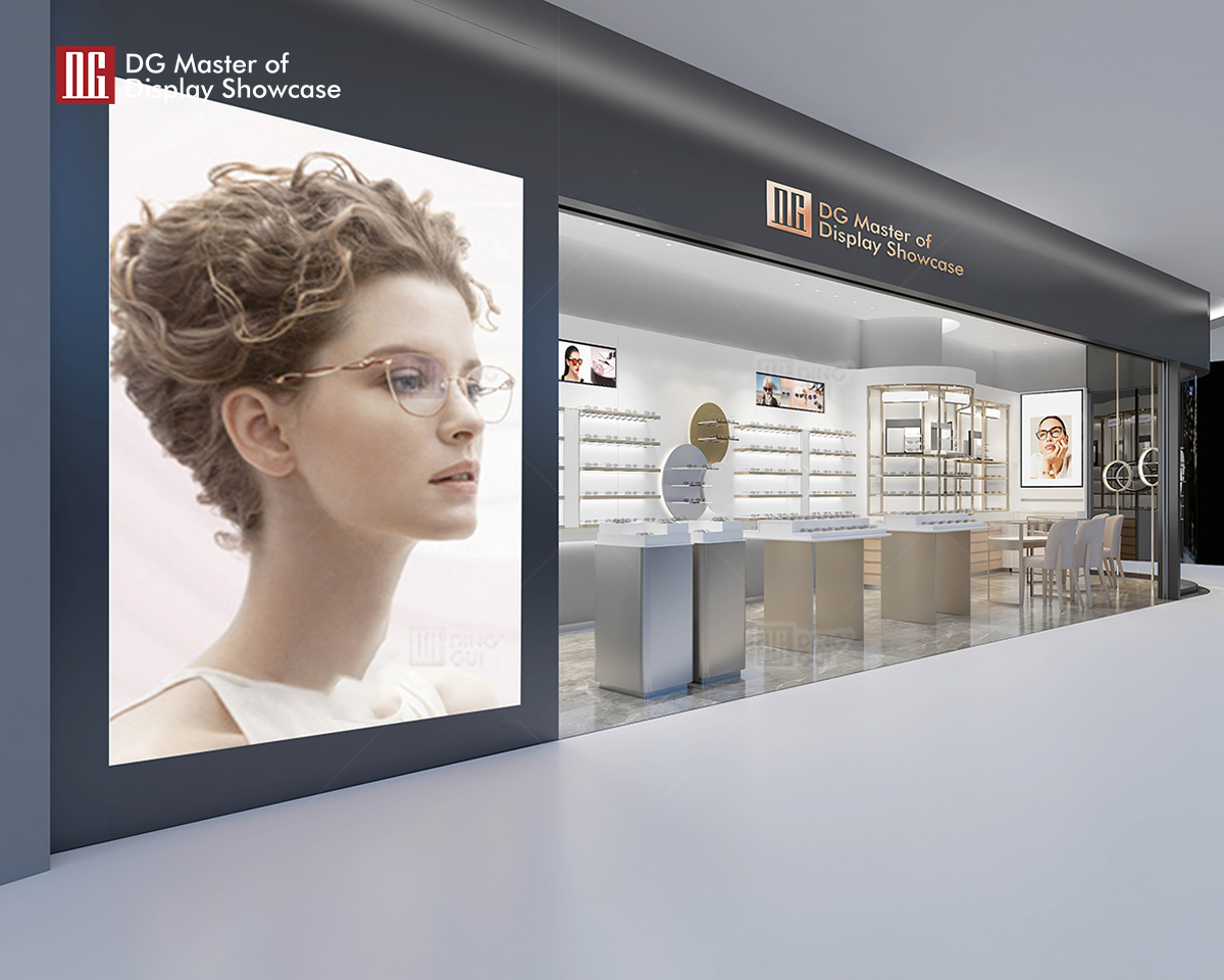 Vitrină DG Vitrină elegantă 3D pentru magazin optic, vitrină de masă, design din sticlă și oțel inoxidabil 8